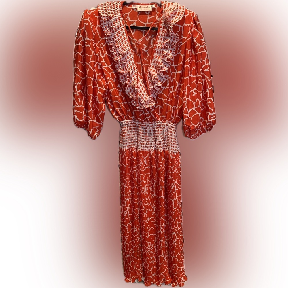 Assorti for Diane Freis Red Pleated Ruffled Dress 80s Mixed Pattern Vintage.